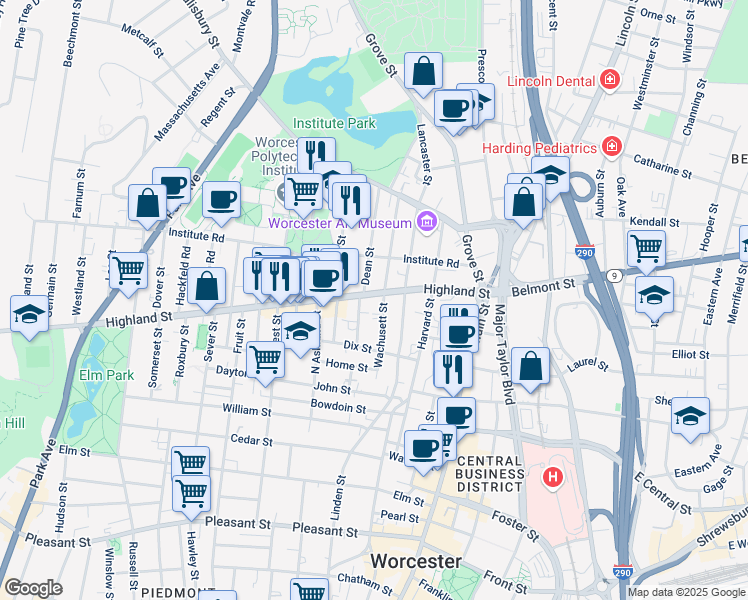 map of restaurants, bars, coffee shops, grocery stores, and more near 5 Dean Street in Worcester