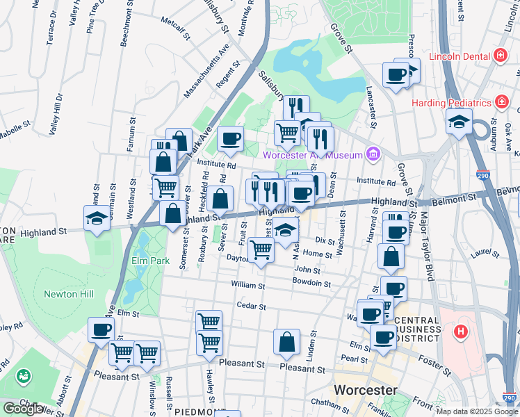 map of restaurants, bars, coffee shops, grocery stores, and more near 5 Schussler Road in Worcester