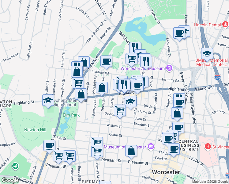 map of restaurants, bars, coffee shops, grocery stores, and more near 156 Highland Street in Worcester
