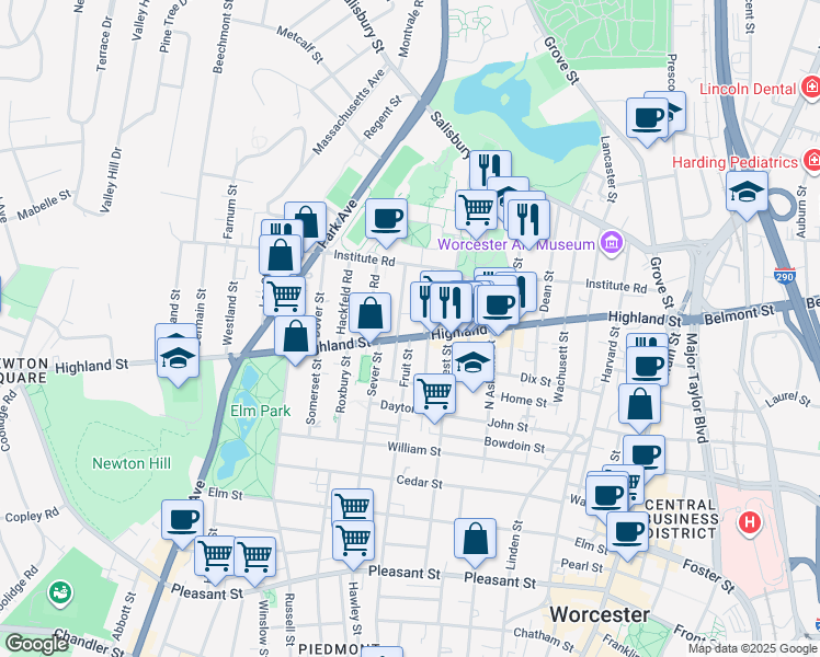 map of restaurants, bars, coffee shops, grocery stores, and more near 5 Schussler Road in Worcester