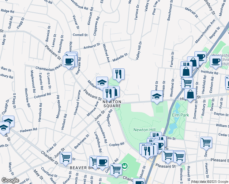 map of restaurants, bars, coffee shops, grocery stores, and more near 19 Newton Avenue in Worcester