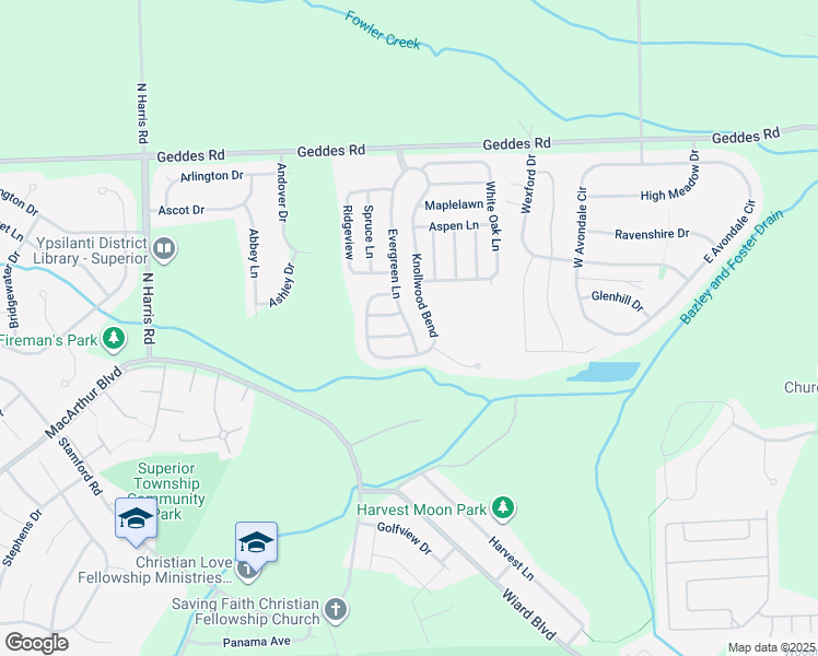 map of restaurants, bars, coffee shops, grocery stores, and more near 1831 Knollwood Bend in Ypsilanti