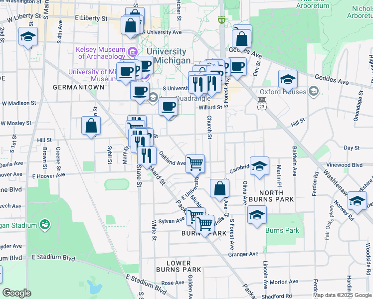 map of restaurants, bars, coffee shops, grocery stores, and more near 814 East University Avenue in Ann Arbor