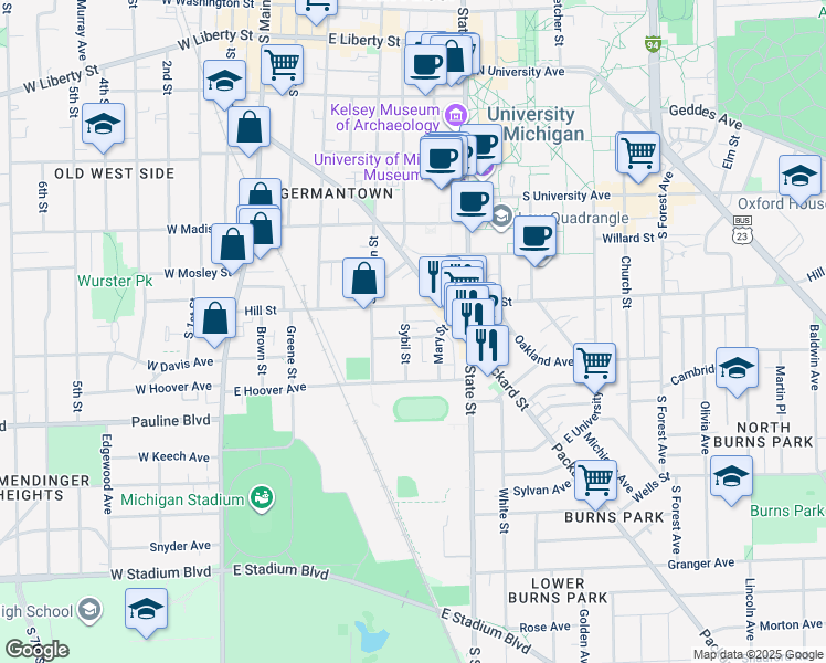 map of restaurants, bars, coffee shops, grocery stores, and more near 424 Hill Street in Ann Arbor