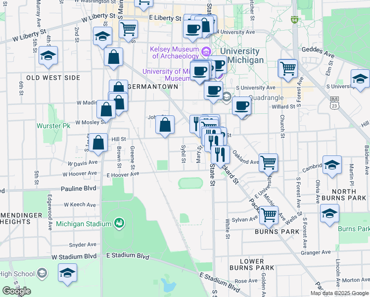 map of restaurants, bars, coffee shops, grocery stores, and more near 424 Hill Street in Ann Arbor