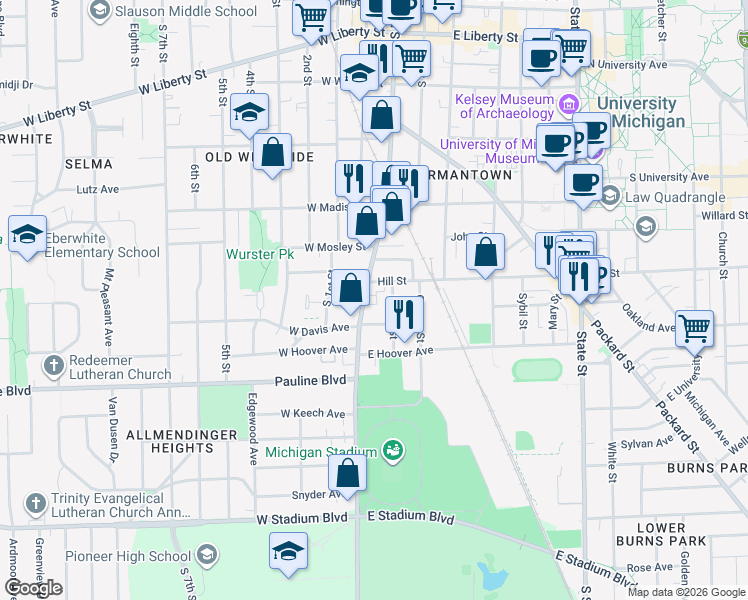 map of restaurants, bars, coffee shops, grocery stores, and more near 801 South Main Street in Ann Arbor