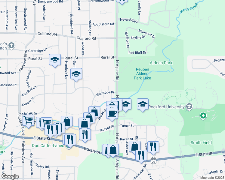 map of restaurants, bars, coffee shops, grocery stores, and more near 4424 Eastridge Drive in Rockford