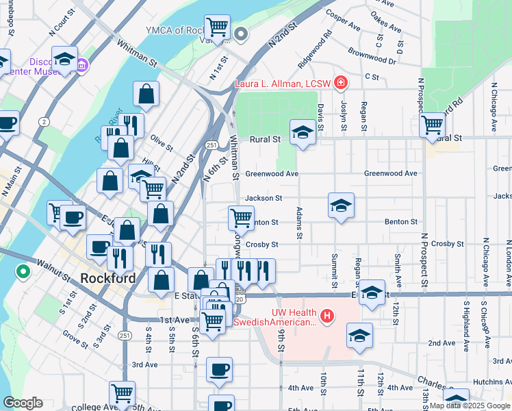 map of restaurants, bars, coffee shops, grocery stores, and more near 1118 Jackson Street in Rockford