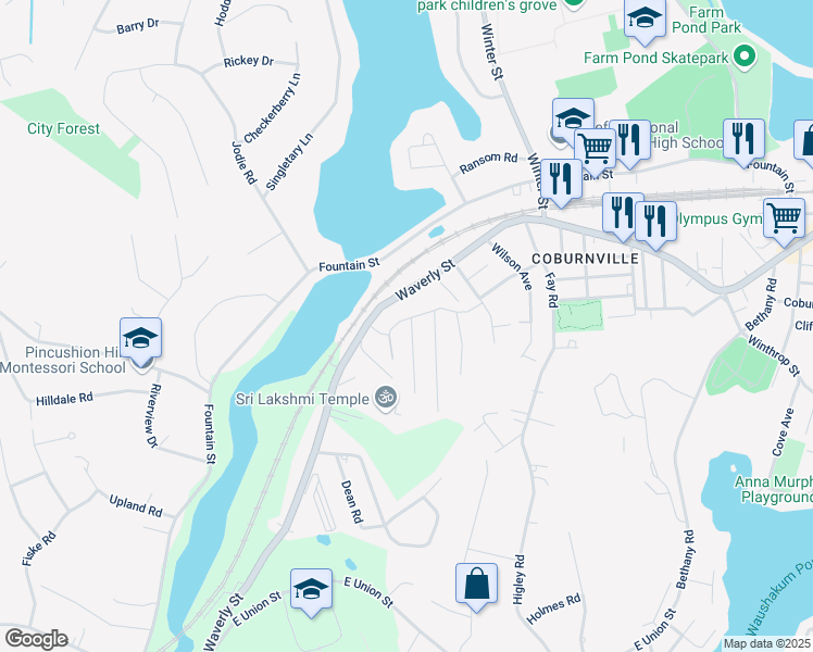 map of restaurants, bars, coffee shops, grocery stores, and more near 47 Vose Street in Framingham