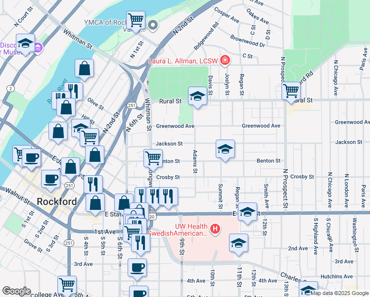 map of restaurants, bars, coffee shops, grocery stores, and more near 1223 Jackson Street in Rockford