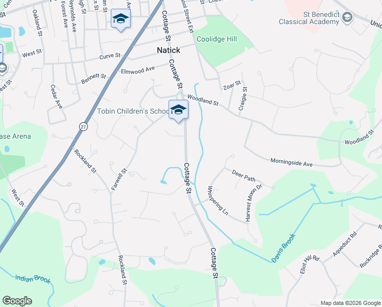 map of restaurants, bars, coffee shops, grocery stores, and more near 78 Cottage Street in Natick