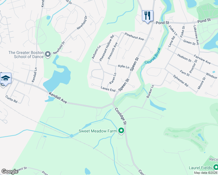 map of restaurants, bars, coffee shops, grocery stores, and more near 5 Lanes End in Natick