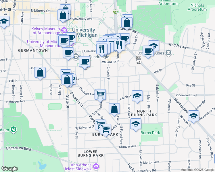 map of restaurants, bars, coffee shops, grocery stores, and more near 814 Church Street in Ann Arbor