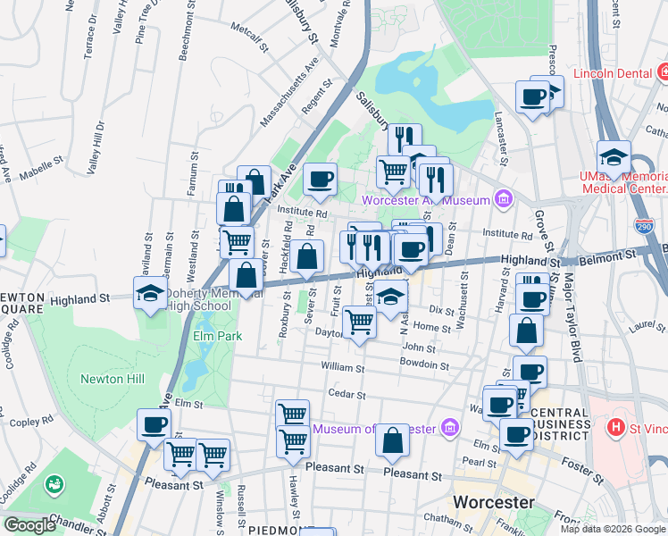 map of restaurants, bars, coffee shops, grocery stores, and more near 5 Schussler Road in Worcester