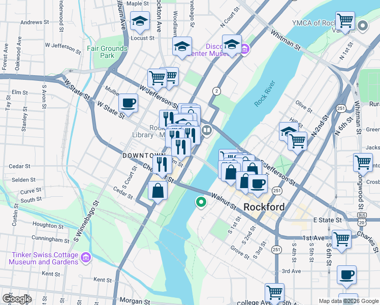 map of restaurants, bars, coffee shops, grocery stores, and more near 308 West State Street in Rockford