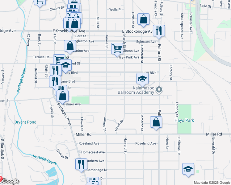 map of restaurants, bars, coffee shops, grocery stores, and more near 1215 Bryant Street in Kalamazoo