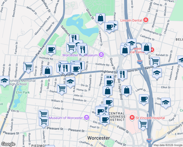 map of restaurants, bars, coffee shops, grocery stores, and more near 55 Highland Street in Worcester