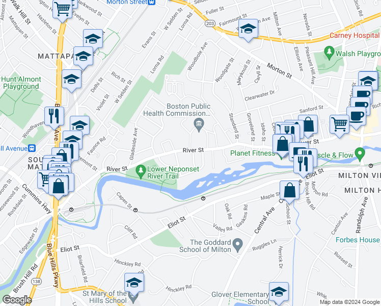 map of restaurants, bars, coffee shops, grocery stores, and more near 3 Leahaven Road in Boston