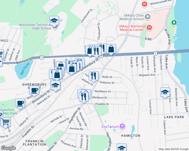 map of restaurants, bars, coffee shops, grocery stores, and more near 327 Plantation Street in Worcester