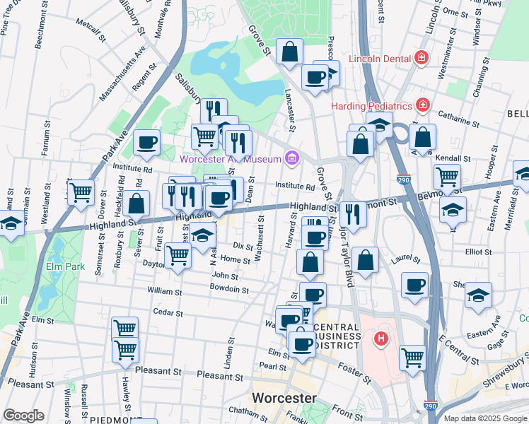 map of restaurants, bars, coffee shops, grocery stores, and more near 55 Highland Street in Worcester