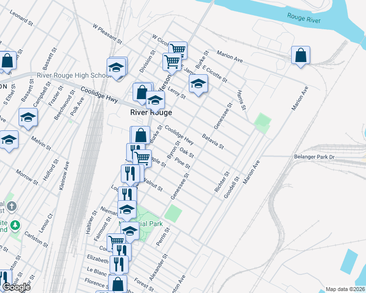 map of restaurants, bars, coffee shops, grocery stores, and more near 1139 Coolidge Highway in River Rouge