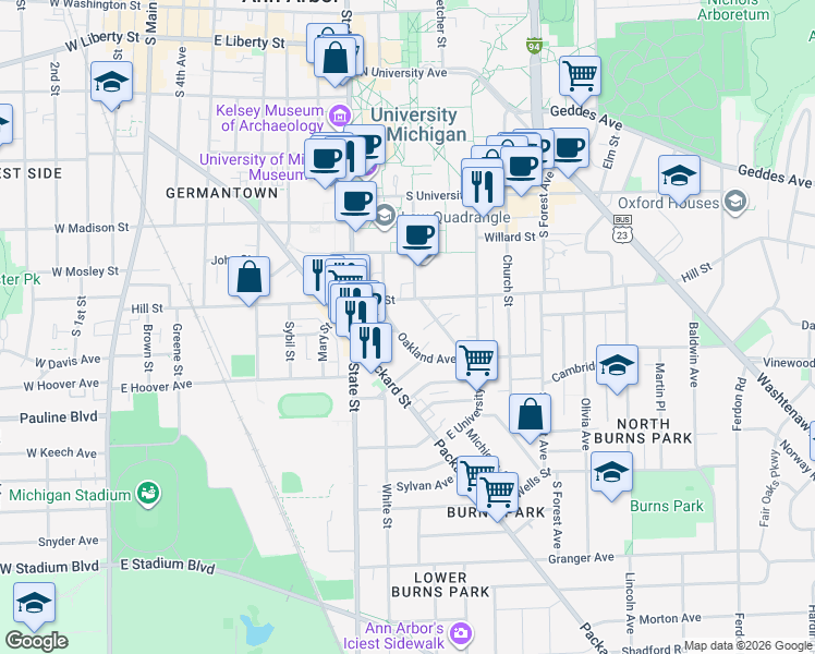 map of restaurants, bars, coffee shops, grocery stores, and more near 901 Oakland Avenue in Ann Arbor