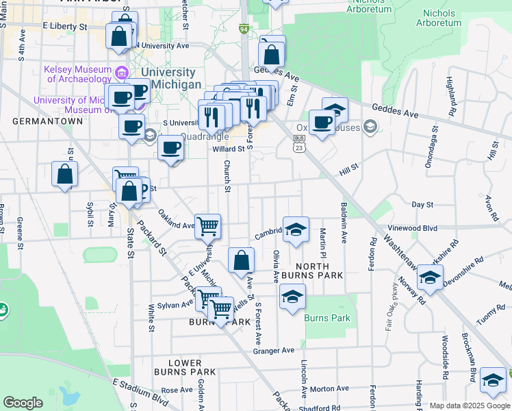 map of restaurants, bars, coffee shops, grocery stores, and more near 911 South Forest Avenue in Ann Arbor