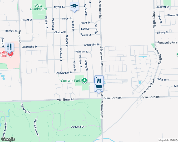 map of restaurants, bars, coffee shops, grocery stores, and more near 5133 Harding Street in Wayne