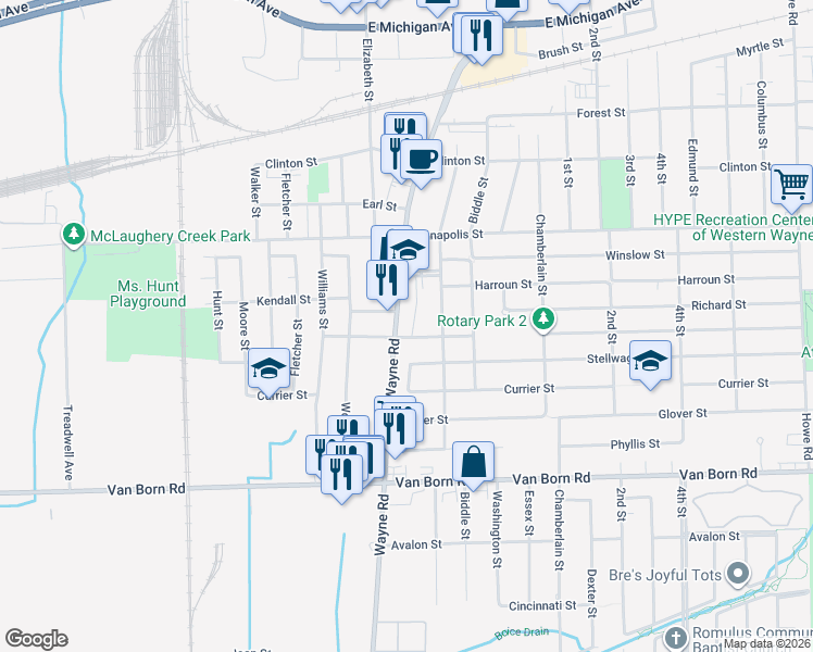 map of restaurants, bars, coffee shops, grocery stores, and more near 5027 South Wayne Road in Wayne