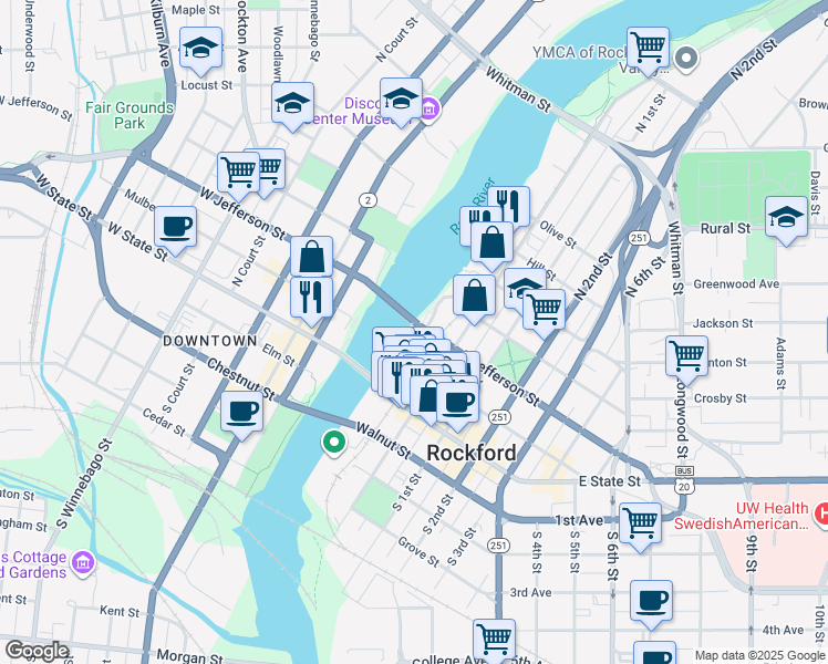 map of restaurants, bars, coffee shops, grocery stores, and more near 300 North Water Street in Rockford