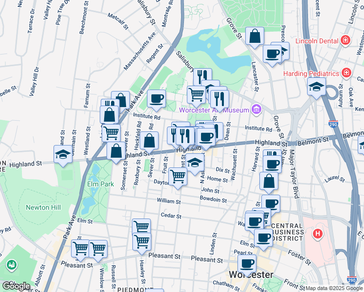 map of restaurants, bars, coffee shops, grocery stores, and more near 124 Massachusetts 9 in Worcester