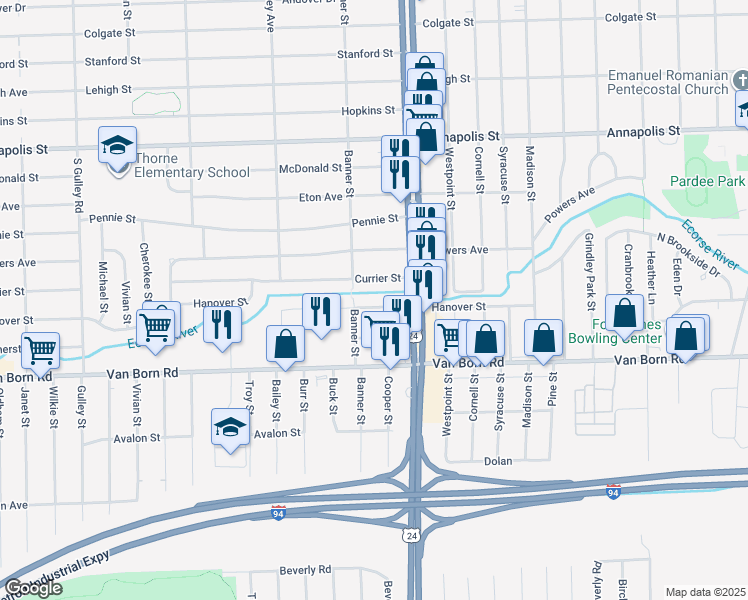 map of restaurants, bars, coffee shops, grocery stores, and more near 24090 Hanover Street in Dearborn Heights
