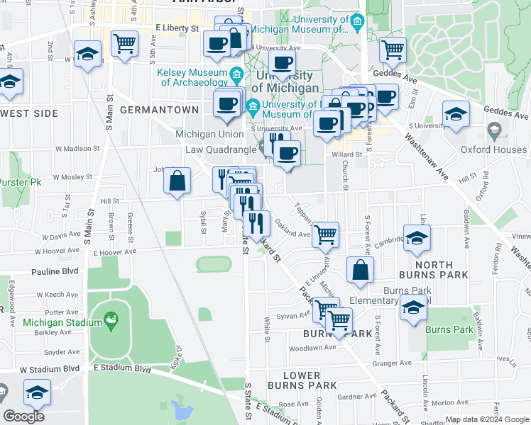 map of restaurants, bars, coffee shops, grocery stores, and more near 822 Oakland Avenue in Ann Arbor