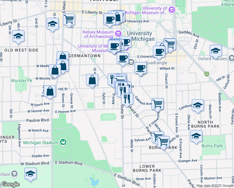 map of restaurants, bars, coffee shops, grocery stores, and more near 530 Hill Street in Ann Arbor