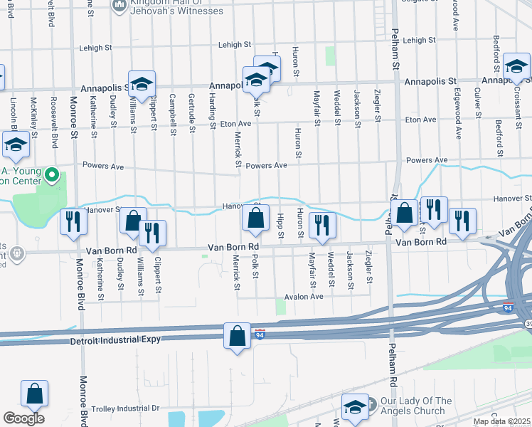 map of restaurants, bars, coffee shops, grocery stores, and more near 5425 Polk Street in Dearborn Heights