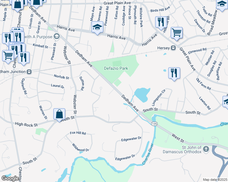 map of restaurants, bars, coffee shops, grocery stores, and more near 409 Dedham Avenue in Needham