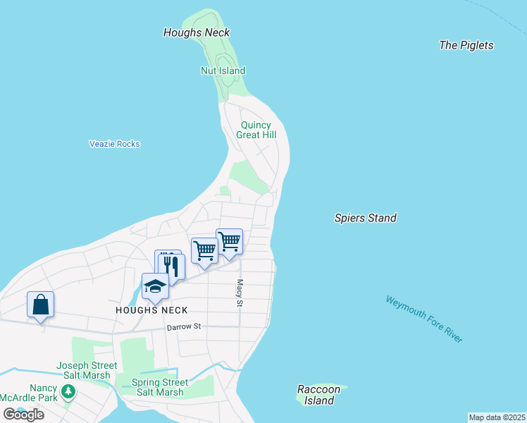 map of restaurants, bars, coffee shops, grocery stores, and more near in Quincy