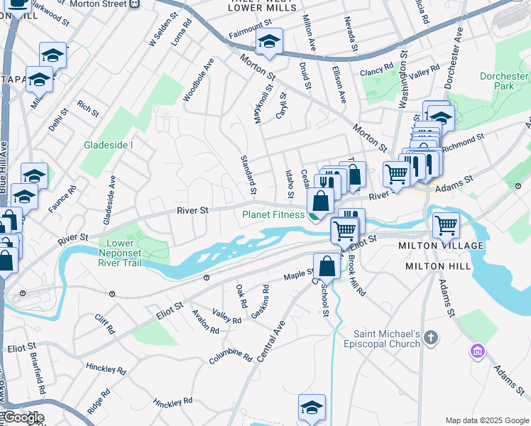 map of restaurants, bars, coffee shops, grocery stores, and more near 148a River Street in Boston