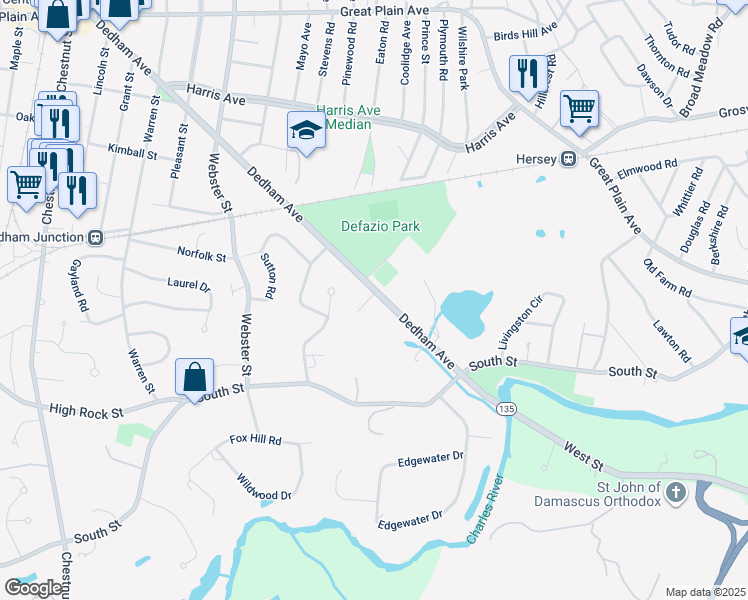 map of restaurants, bars, coffee shops, grocery stores, and more near 397 Dedham Avenue in Needham