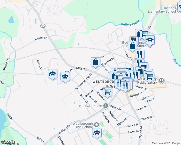 map of restaurants, bars, coffee shops, grocery stores, and more near 69A Milk Street in Westborough