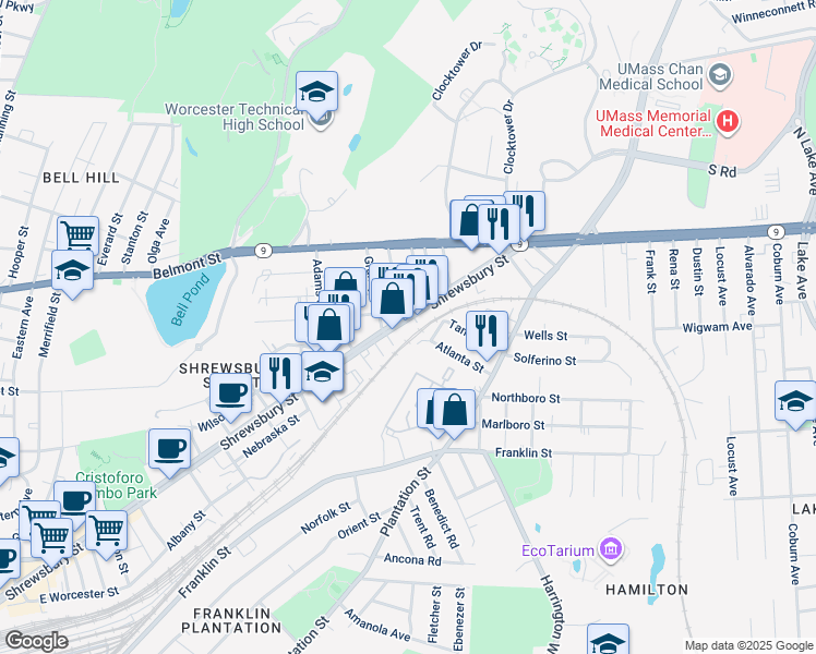 map of restaurants, bars, coffee shops, grocery stores, and more near in Worcester