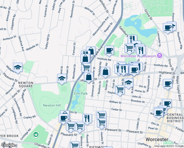 map of restaurants, bars, coffee shops, grocery stores, and more near 186 Russell Street in Worcester