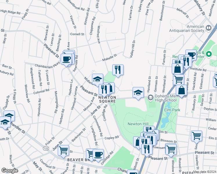 map of restaurants, bars, coffee shops, grocery stores, and more near 19 Newton Avenue in Worcester