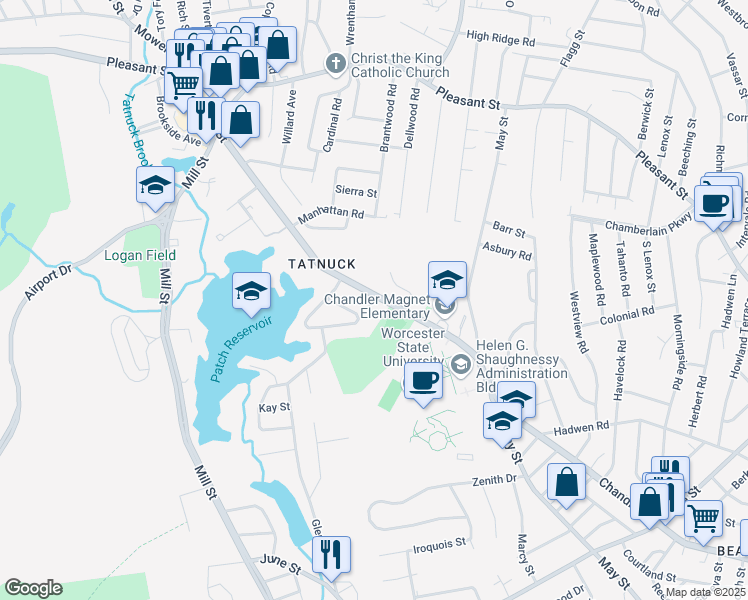 map of restaurants, bars, coffee shops, grocery stores, and more near 535 Chandler Street in Worcester
