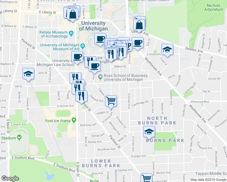 map of restaurants, bars, coffee shops, grocery stores, and more near 814 East University Avenue in Ann Arbor