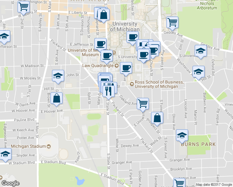 map of restaurants, bars, coffee shops, grocery stores, and more near 821 Oakland Avenue in Ann Arbor