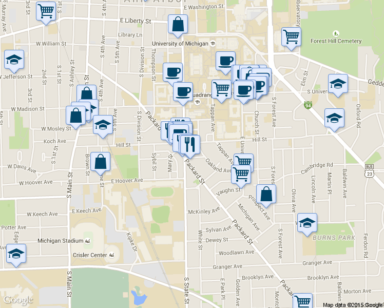 map of restaurants, bars, coffee shops, grocery stores, and more near 819 South State Street in Ann Arbor
