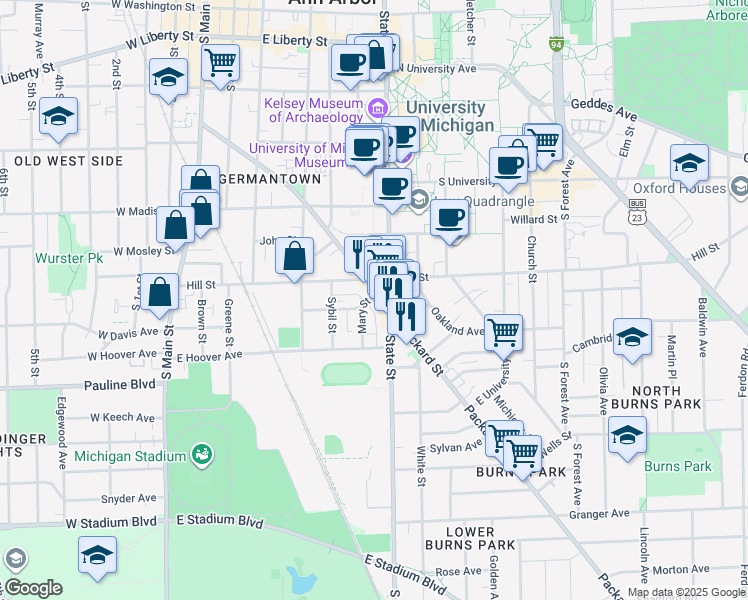 map of restaurants, bars, coffee shops, grocery stores, and more near in Ann Arbor