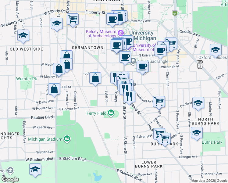 map of restaurants, bars, coffee shops, grocery stores, and more near in Ann Arbor