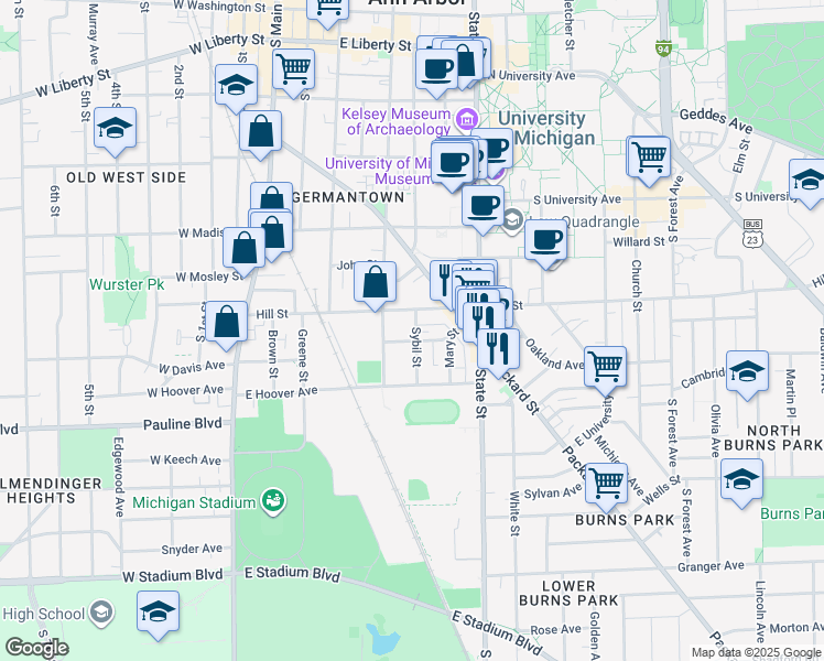 map of restaurants, bars, coffee shops, grocery stores, and more near 424 Hill Street in Ann Arbor